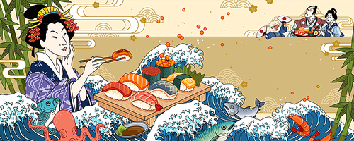 Ggeisha eating sashimi on giant wave tides background in ukiyo-e style