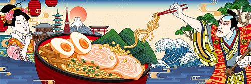 Delicious tonkotsu ramen broth banner illustration in ukiyo-e style
