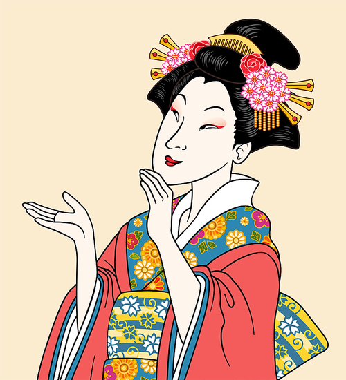 Attractive ukiyoe style geisha woman wearing kimono