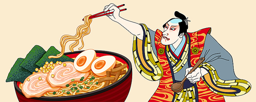 Man is going to eat ramen in ukiyo-e style
