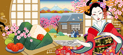salted plum  ball ads with beautiful geisha and cherry blossom in ukiyo-e style