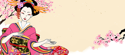 Beautiful geisha wearing pink kimono on cherry blossom background in ukiyo-e style