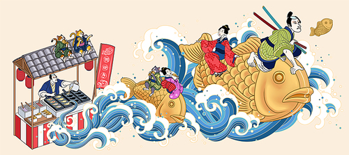 People riding on taiyaki snacks and flying up from street vendor in ukiyo-e style, fish-shaped cake written in Japanese texts on flags