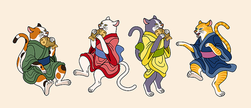 Cute cats wearing yukata and eating taiyaki in ukiyo-e style, a kind of japanese snacks