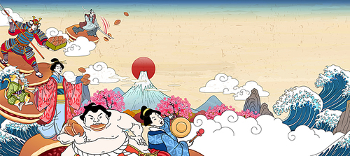 Ancient people standing and fighting upon Japanese dorayaki in ukiyo-e style on retro fuji mountain background