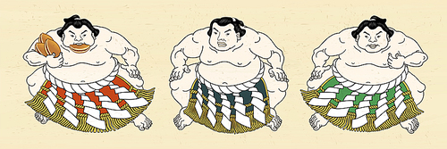 Three japanese sumo wrestler in colorful belt and one of them holding dorayaki snacks, ukiyo-e style illustration