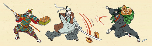 Japanese general and ninja fighting with dorayaki in ukiyo-e style