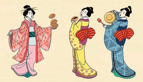 Three girls in kimono holding red bean cakes and gong, ukiyo-e style illustration