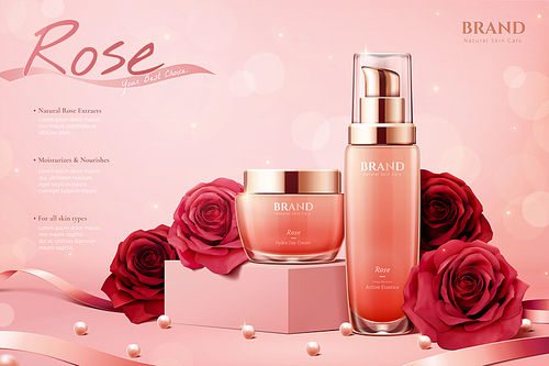 Elegant rose cosmetic ads with ribbons and pearls on glitter pink background in 3d illustration