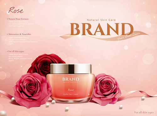 Elegant cream jar ads with roses and pearls on glitter pink background in 3d illustration