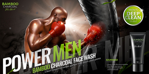 Bamboo charcoal face wash ads with strong boxer throwing hook in 3d illustration