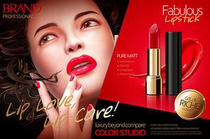 Fabulous lipstick ads with trendy woman wearing red lipstick, 3d illustration