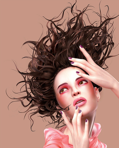 Trendy woman with pink makeup and flowing hair in 3d illustration