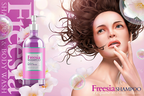 Freesia shampoo ads with soap bubbles effect and flowy hair woman looking up at the sky, 3d illustration