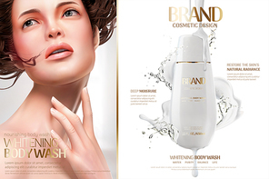 Whitening body wash ads with attractive flowy hair woman and creamy texture dripping down, 3d illustration