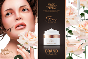 Cosmetic cream ads with attractive woman holding light pink roses, 3d illustration