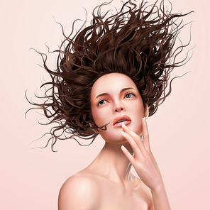 Attractive flowy hair woman looking up in 3d illustration, pink backgrounf