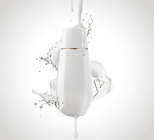 White cosmetic product bottle mockup with creamy texture and water dripping from top, 3d illustration