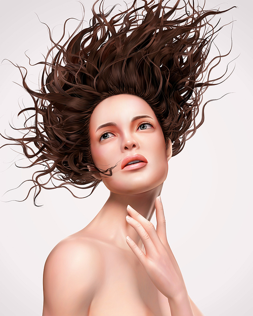 Attractive flowy hair woman looking up at the sky in 3d illustration