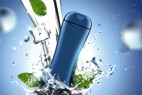 Blank skincare product with splashing water and mint leaves in 3d illustration on blue background, dynamic effect