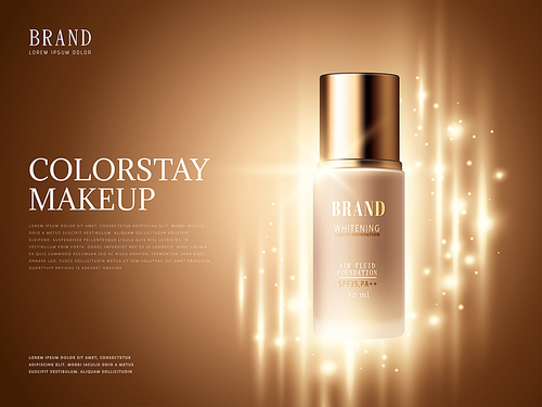 Foundation product ads, makeup essential product with glittering elements in 3d illustration