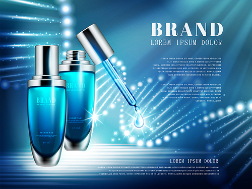 Cosmetic product ads, blue droplet bottle set with double helix structure composed of light in 3d illustration