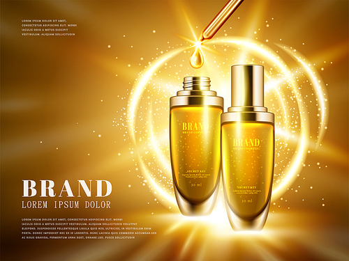 Cosmetic product ads, golden color droplet bottle set with sparkling lights in 3d illustration