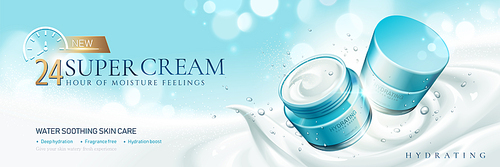 Hydrating super cream with creamy texture on glitter light blue background in 3d illustration