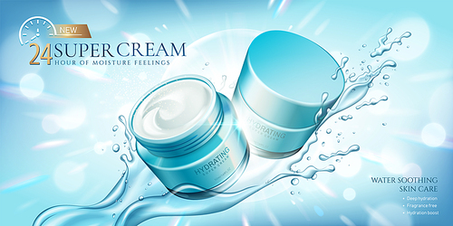 Hydrating super cream with splashing liquid on glitter light blue background in 3d illustration