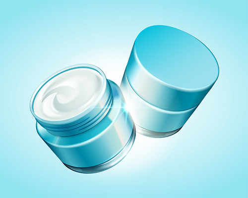 Hydrating cream jar mockup set in 3d illustration on light blue background