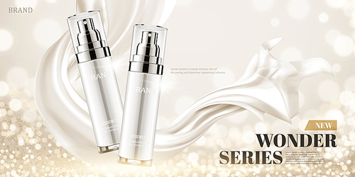 Skincare spray bottle ads with glitter bokeh effect and chiffon texture in 3d illustration