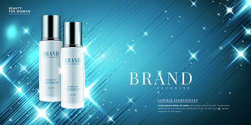 Cosmetic product ads with blue glittering effect in 3d illustration