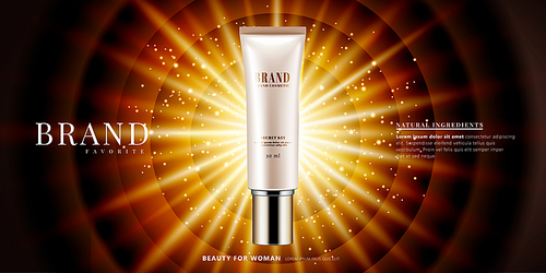 Cosmetic product ads with glowing radial light effect in 3d illustration