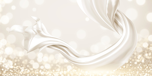 White chiffon floating in the air on glittering bokeh background, 3d illustration