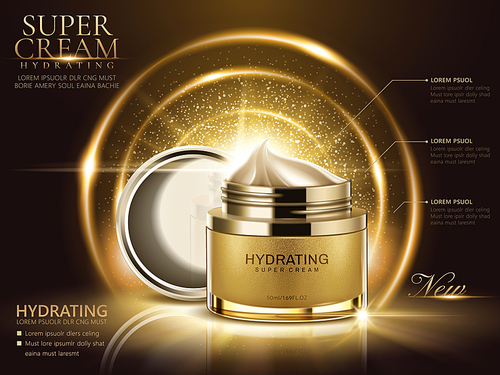 Hydrating cream ads, golden cream jar with open lid and glittering decorative elements in 3d illustration