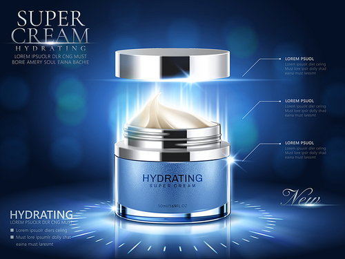 Hydrating cream ads, blue cream jar with open lid and bokeh background in 3d illustration