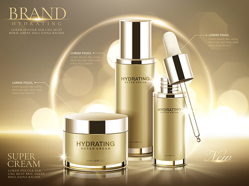 Hydrating cosmetic product ads, champagne gold containers isolated on glittering bokeh background in 3d illustration
