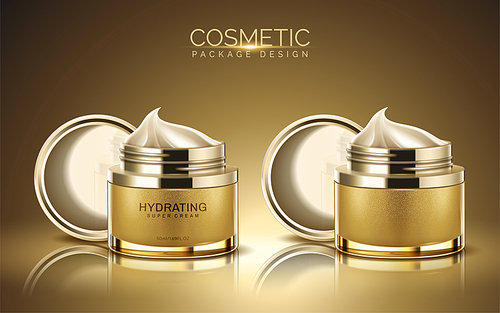 Cosmetic package design, golden color cream jar with cream texture in 3d illustration