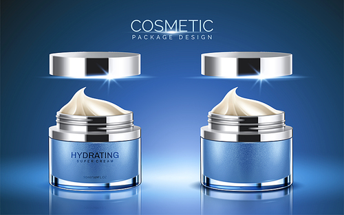 Cosmetic package design, blue color cream jar with cream texture in 3d illustration