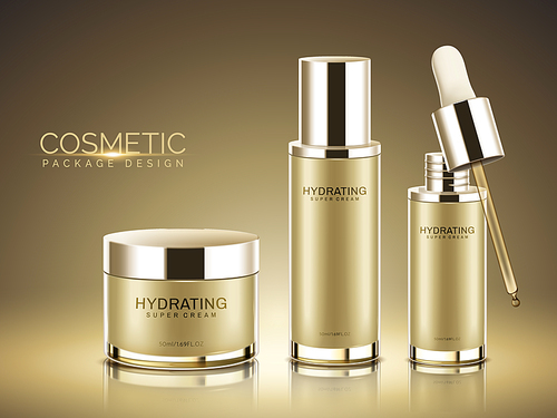 Cosmetic package design, champagne gold color containers with in 3d illustration