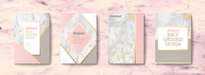 Graceful brochure set, geometric shape with golden line and marble stone texture, pink tone