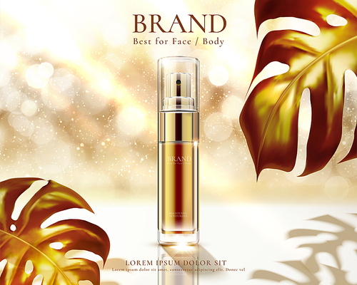 cosmetic spray bottle ads on golden glittering bokeh  with foliage in 3d illustration