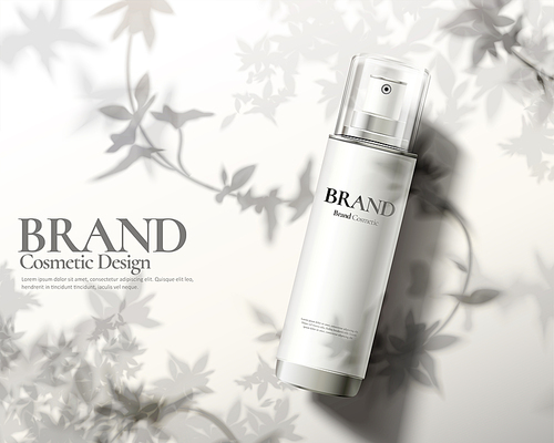 Skincare product ads with lying spray bottle and nature leaves shadows on white floor in 3d illustration