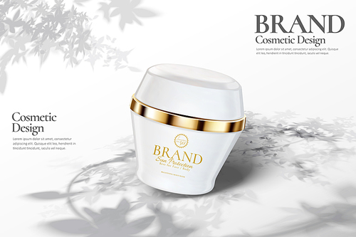 Skincare cream jar ads with leaves shadow on white background in 3d illustration