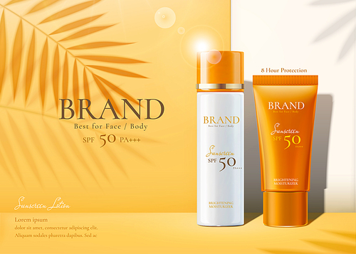 sunscreen products set ads with summer palm leaves shadows on chrome yellow  in 3d illustration