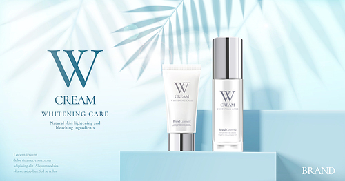 Skin care product set ads with white bottles on blue square podium stage and palm leaves shadows in 3d illustration