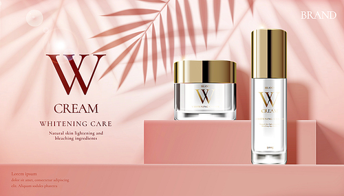 Skin care set ads with cream jar on pink square podium stage and palm leaves shadows in 3d illustration