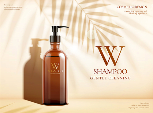 Gentle cleaning shampoo ads with brown pump bottle and palm leaves shadows in 3d illustration