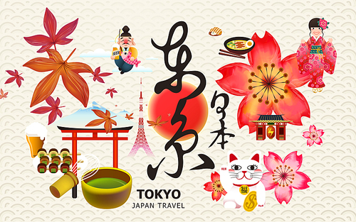 Japan tokyo travel collection, famous cultural symbols on wave background. Tokyo Japan in Japanese calligraphy