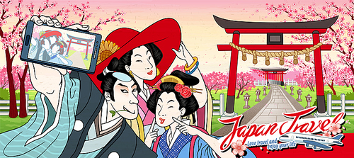 Japan tourism promo banner with retro Japanese people taking selfie in front of traditional shrine gate